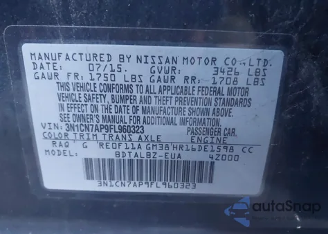 2015 Nissan Versa 1.6 Sv from USA, damaged, VIN 3N1CN7AP9FL960323